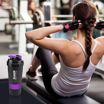 Protein Shaker Bottle,16 oz Shake Cup for protein powder with Storage,Sports Water Bottle,Non Slip 3 Layer Twist Off 3oz Cups with Pill Tray Leak Proof Shake Bottles for Protein Mixes