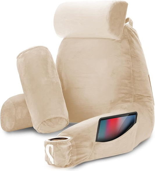 Nestl Reading Pillow Large Bed Pillow, Back Pillow for Sitting in Bed Shredded Memory Foam Chair Pillow, Reading & Bed Rest Pillows Beige Cream Back Pillow for Bed, Bed Chair Arm Pillow with Pockets