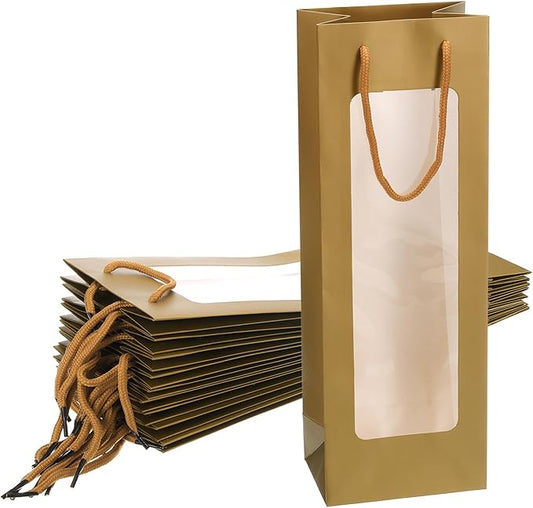 uxcell Wine Bags, 20pcs 4.92"x3.35"x14.2" Wine Gift Bags with Rope Handles, Paper Wine Tote Bag with Clear Window for Wedding Birthday Christmas Party Supplies, Gold