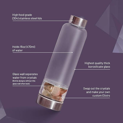 Crystal Water Bottle Elixir Set | Includes Authentic Smoky Quartz & Clear Quartz Healing Crystals | Black Neoprene Sleeve | Drink Gem Infused Water On The Go