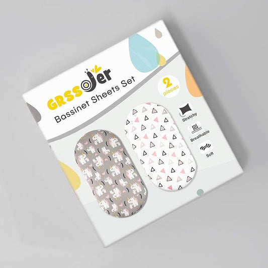 GRSSDER Stretchy Ultra Soft Fitted Bassinet Sheet Set 2 Pack, Universal Fit for Bassinets Baby Cradle Moses Basket Oval Rectangle Pad/Mattress, Dream Unicorn Bassinet Sheets for Babys and Girls