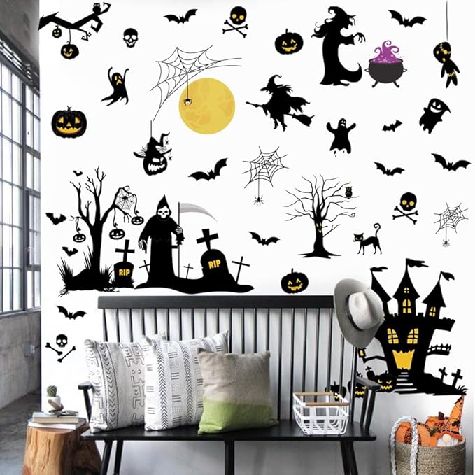 Halloween Witch Wall Decals Halloween Moon Bat Wall Stickers Happy Halloween Wall Decor Peel and Stick Vinyl Bat Ghost Spider Pumpkin Wall Art for Halloween Party Supplies.