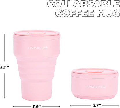 HYDRATE Collapsible Cups for Traveling - Coffee Mug - 400ml Reusable Cup with Lid for Camping, and On-the-Go Adventures - Portable Silicone Coffee Mug for Hot Drinks - Easy to Clean - Pink