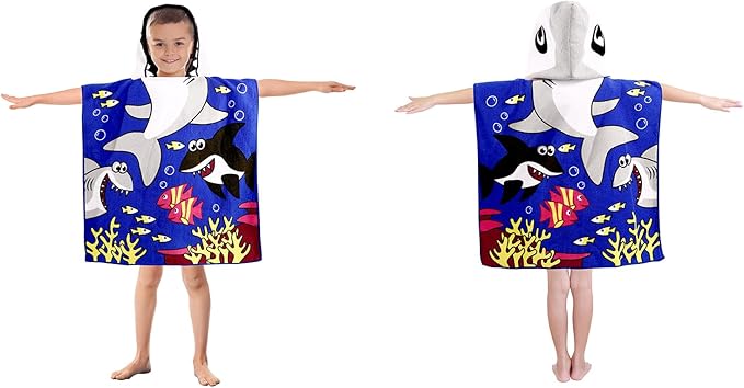 Kids Shark Hooded Beach Towel Boys Cute Poncho Pool Beach Towels with Hood 24*47 in Soft Microfiber Swim Cover-ups for Kids Ages 3-10 Thick Absorbent Cotton Hooded Bath Towel Wrap Bathrobe