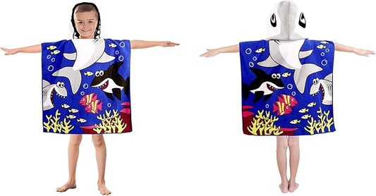 Kids Shark Hooded Beach Towel Boys Cute Poncho Pool Beach Towels with Hood 24*47 in Soft Microfiber Swim Cover-ups for Kids Ages 3-10 Thick Absorbent Cotton Hooded Bath Towel Wrap Bathrobe