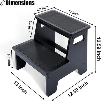 Kids Step Stools for Toddlers Bathroom Wood Toddler Step Stool Kitchen Counter Sink Baby Stepstools Bamboo Wooden Foot Bed Stool for Child Potty Training Toilet Stool Stepping Stool, Black with Pads