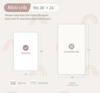 Blissful Diary Muslin Mini Crib Sheets, Pack and Play Mattress Sheets Fitted for Pack N Play, Soft Cotton for Boys Girls, 2 Pack(Dusty Pink&Rainbow)