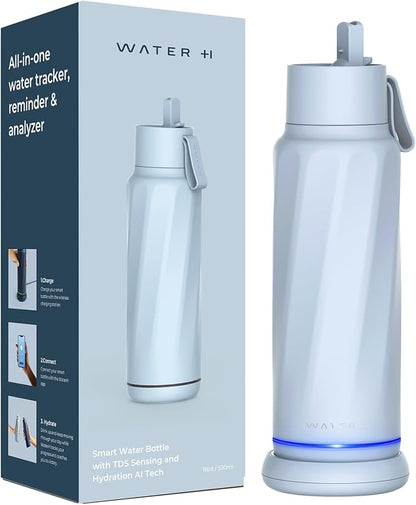 Insulated Smart Water Bottles with Straw, Intake Tracker, Water Safety Analyzer, LED Reminder, BPA Free, 18 oz Double Wall Vacuum Stainless Steel Thermos (Flip Lid + Straw, Ivory White)