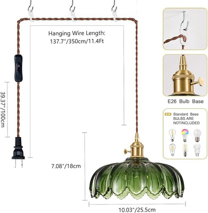 Plug in Hanging Light Fixture, Kitchen Pendant Lighting Glass Pendant Light, Green Pendant Lights for Kitchen Island, Bedroom, Dining Room, Living Room, E26 No Bulb