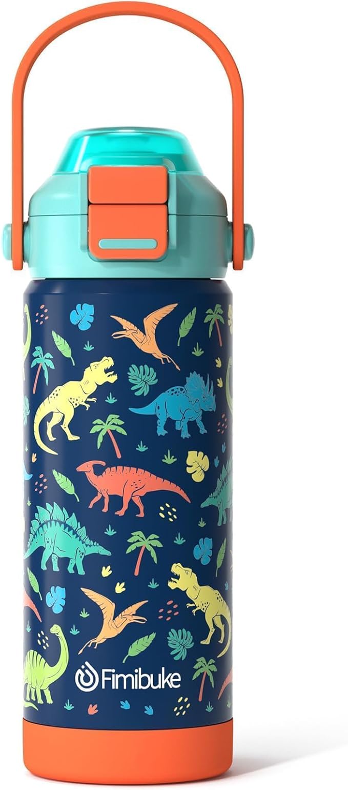 Fimibuke Kids Insulated Water Bottle with Pop-Open Straw & Spout 2-in-1 Lid, 18oz Leak Proof 18/8 Stainless Steel Vacuum Tumbler, BPA-Free Kids Cup For Travel School Boys Girls Toddler 1Pack, Dinosaur
