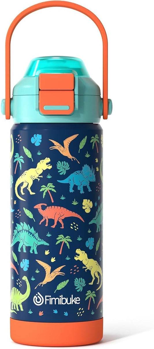 Fimibuke Kids Insulated Water Bottle with Pop-Open Straw & Spout 2-in-1 Lid, 18oz Leak Proof 18/8 Stainless Steel Vacuum Tumbler, BPA-Free Kids Cup For Travel School Boys Girls Toddler 1Pack, Dinosaur