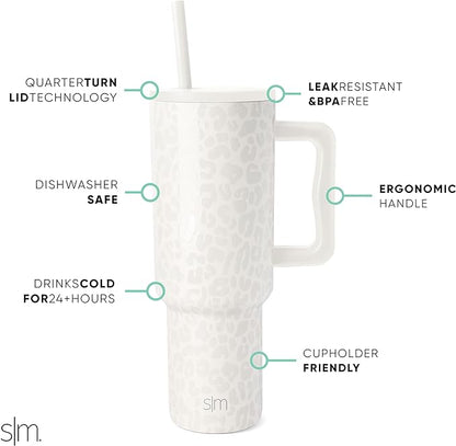 Simple Modern 40 oz Tumbler with Handle and Straw Lid | Insulated Cup Reusable Stainless Steel Water Bottle Travel Mug Cupholder Friendly | Gifts for Women Him Her | Trek Collection | Cream Leopard