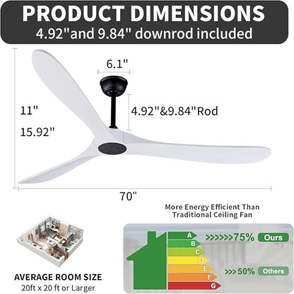 Bigzone 70" Large White Ceiling Fan With Remote Control, DC Motor Quiet Energy Saving,3 White Balsa Wood Blades,Outdoor/Indoor Ceiling Fan With Reversible Blades