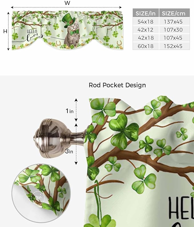 Lucky Cat St. Patrick's Day Blackout Tie Up Valance Curtains for Kitchen Windows Green Spring Shamrocks Tree Window Toppers Balloon Shades for Living Room/Bathroom/Bedroom,1 Panel, 42" X 12"