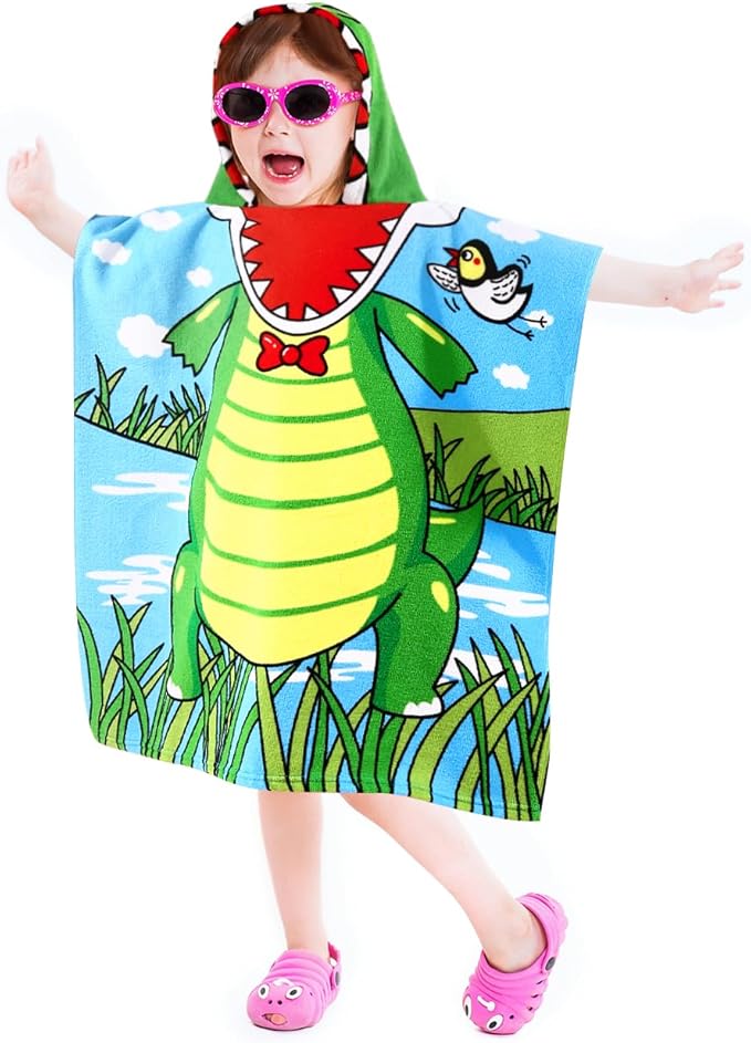Kids Crocodile Hooded Beach Towel Boys Cute Ship Poncho Pool Towels with Hood 24*47" Soft Microfiber Swim Cover-ups Kids Ages 3-10 Thick Absorbent Cotton Hooded Bath Towels Wrap Bathrobe