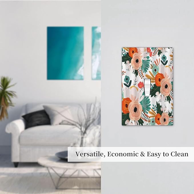 Rustic Floral Boho Colorful Flower 1 Gang Light Switch Covers Single Toggle Wall Plate Decorative Switchcover Electrical Switchplate for Farmhouse Bathroom Bedroom Kitchen Decor