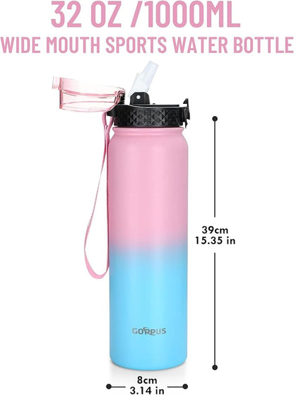 GOPPUS 32 oz Sports Water Bottle 1 Liter Double Wall Insulated Stainless Steel Water Bottles with Straw Lid Reusable Leak proof Metal water bottles with Strap Handle(Pink Blue 1 lid)