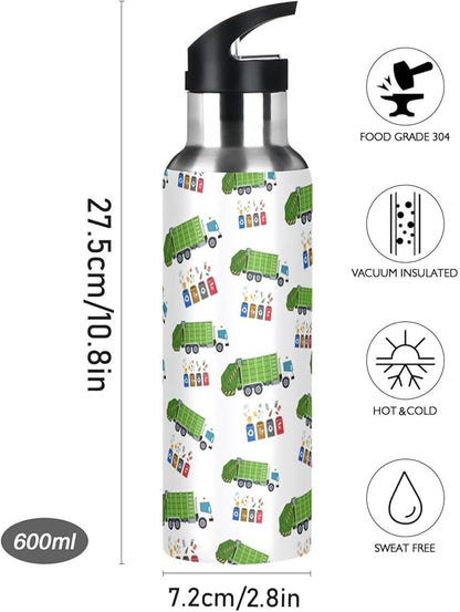 Garbage Truck Trash Recycling Stainless Steel Water Bottle with Straw Lid - 20 Oz Sports Insulated Water Bottle Thermos for Sport Gym Outdoor Travel School