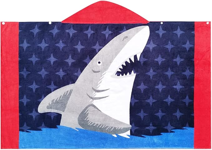 BANGSAUR Kids Hooded Beach Bath Towels, 100% Cotton 50"x30" Wrap Blanket, Toddlers Boys 3-12 Years Coverup Towel White Shark