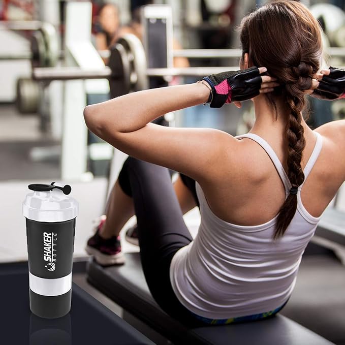 Protein Shaker Bottle - Sports Water Bottle - Non Slip 3 Layer Twist Off 3oz Cups with Pill Tray - Leak Proof Shake Bottle Mixer- Protein Powder 16 oz Shake Cup with Storage