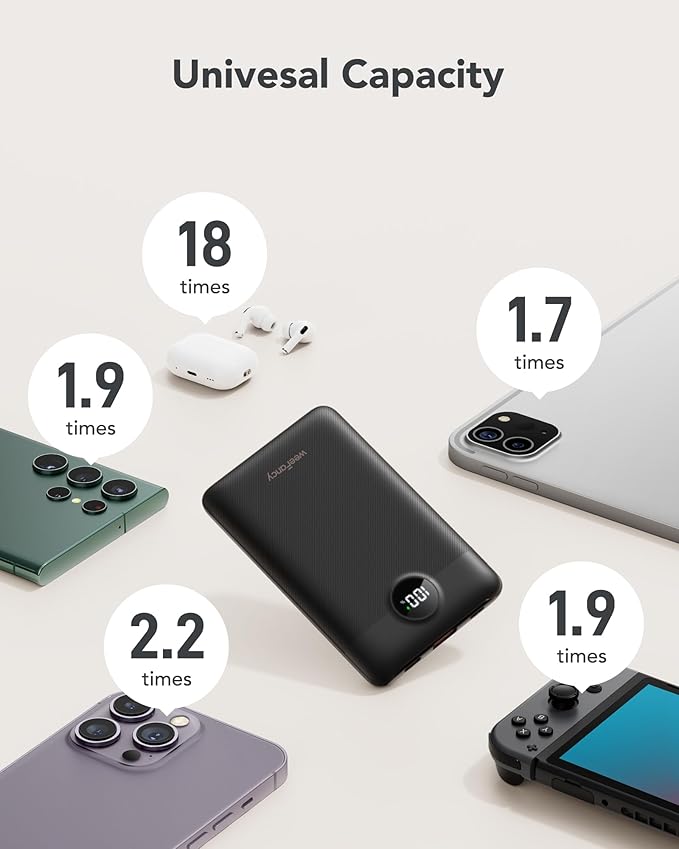 Mini Portable Charger with Built-in Cables 22.5W Fast Charging Power Bank USB-C Small Battery Pack 10000mAh Travel Essential Slim Battery for iPhone, Samsung, Android, and More
