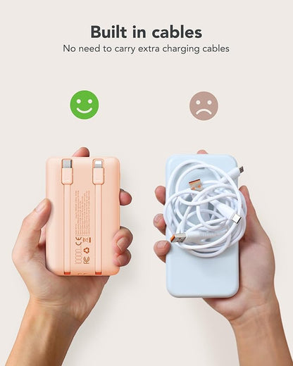 Mini Portable Charger for iPhone - 10000mAh Small PD 22.5W Fast Charging Power Bank with Built-in Cables - Travel Essentials USB C Slim Battery Pack Compatible with iPhone, Android, and More…