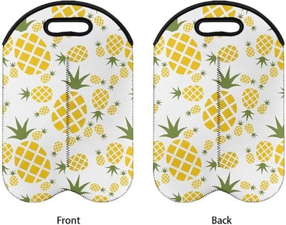 doginthehole Pineapple Print Neoprene Wine Bag Two Bottle Wine Gift Tote Bags Wine Carry Holder 750ML Portable Water Drinks Beer Insulated Bag for Travel, Picnic, Party