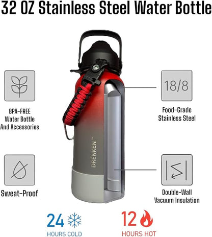 Water Bottle, Insulated water bottle, Stainless steel water bottle for kids men women Sports water bottle 32 oz Water bottle with straw Insulated Flask (Gradient Red/Gray)