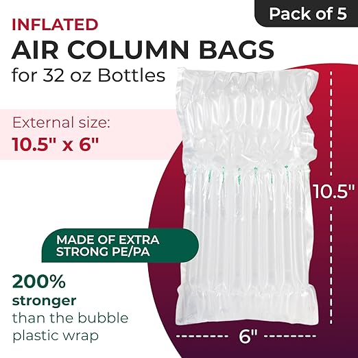IDL Packaging Inflated 32 oz Bottle Air Bags, Self Sealed, Pack of 5 - Reusable Air Column Bags for Packing, Travel and Shipping - Cushioning Protector for Glass, Ceramic, Breakables