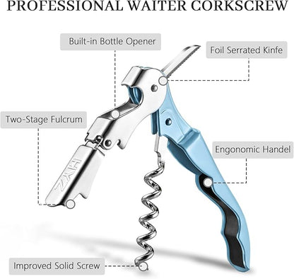 HYZ 2-Pack Wine Opener Waiter Corkscrew, Professional Wine Key for Servers, Bartender with Foil Cutter, Manual Wine Bottle Opener Double Hinged (Sky Blue)