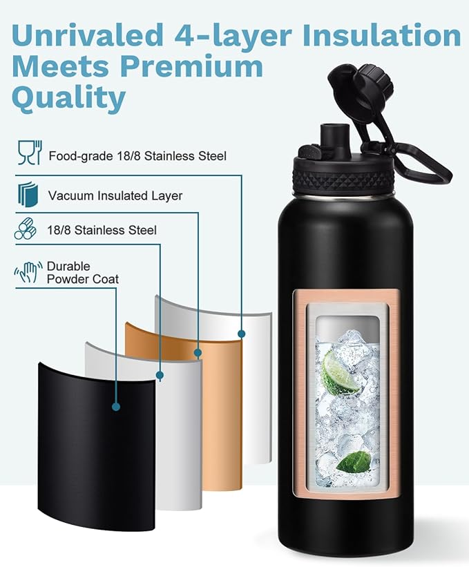 Insulated Water Bottle 40 oz - Keep Cold 48H Hot 24H, Metal Water Bottles with Straw & Auto Chug Lids, Flask Boot, Travel Jug with Carrying Pouch, Stainless Steel Water Bottle for Women Men