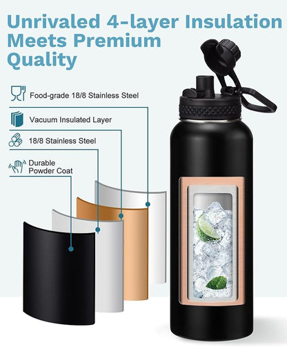 Insulated Water Bottle 40 oz - Keep Cold 48H Hot 24H, Metal Water Bottles with Straw & Auto Chug Lids, Flask Boot, Travel Jug with Carrying Pouch, Stainless Steel Water Bottle for Women Men