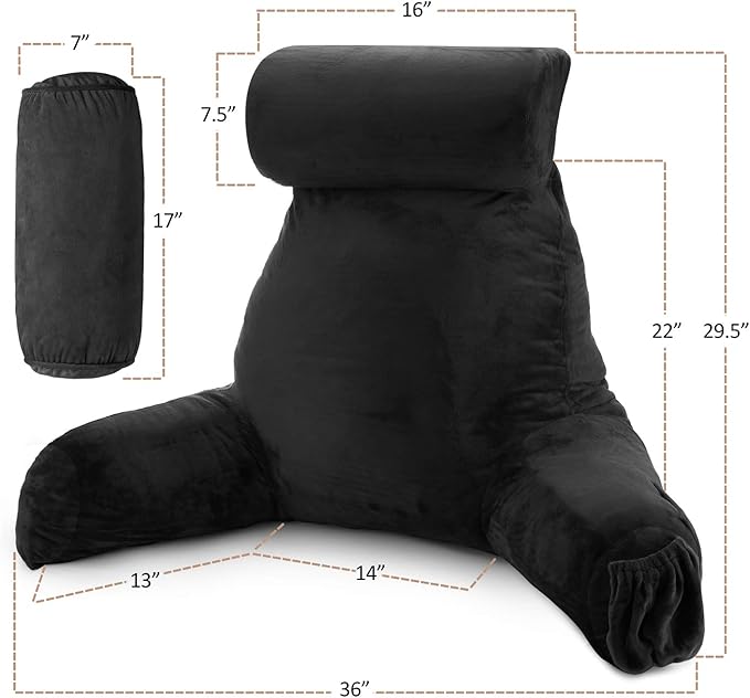Nestl Reading Pillow Large Bed Pillow, Back Pillow for Sitting in Bed Shredded Memory Foam Chair Pillow, Reading & Bed Rest Pillows Black Back Pillow for Bed, Bed Chair Arm Pillow with Pockets