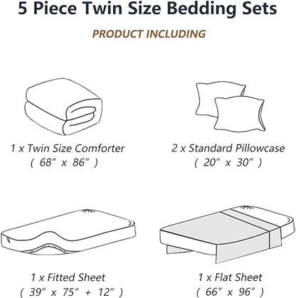 Twin Comforter Set with Sheets, 5 Pieces Super Soft Twin Bed in a Bag, All Season Solid Color Kids Bedding Set Neutral for Boys & Girls, White Striped