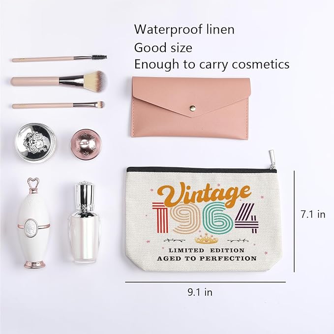 60th Birthday Gifts for Women, 1964 Vintage Makeup Bag, Best 60 Year Old Birthday Gift Ideas for Sisters, Friends, BFF, Mom, Coworker, Bonus Mom, Grandma, Nana, Gigi, Funny Anniversary Ideas for Her