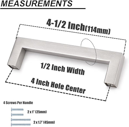 Probrico 4 Inch Satin Nickel Cabinet Pulls Stainless Steel, 10 Pack Door Cabinet Handles,Drawer Dresser Pull Knobs Kitchen Furniture Hardware for Cupboard Wardrobe,Total Lenght:4-1/2 Inch (114mm)