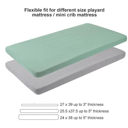 Muslin Pack n Play Sheets Soft Breathable 100% Cotton Mini Crib Fitted Sheets Portable/Convertible Playard Mattress Cover 2 Pack for Baby Boy and Girl, Grey and Green
