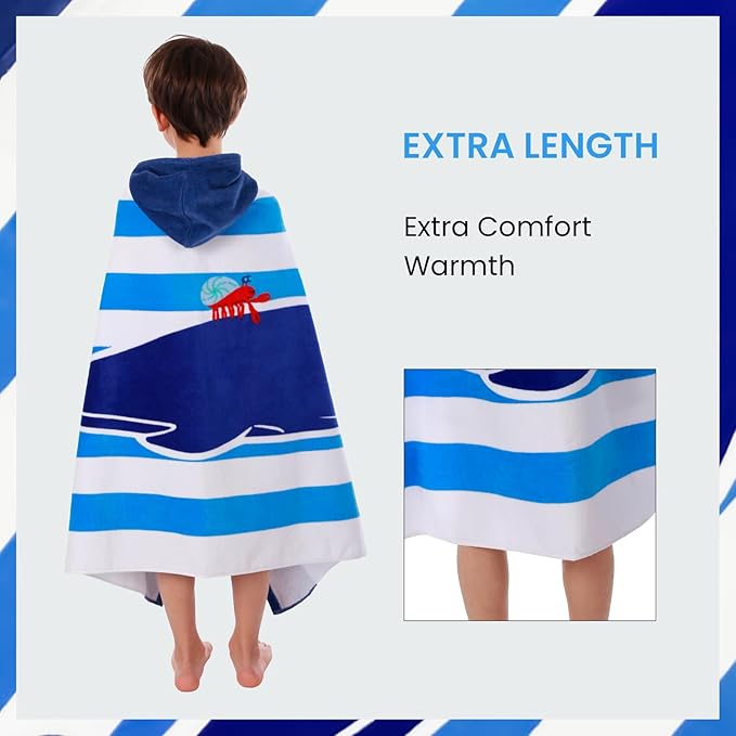 BANGSAUR Kids Hooded Beach Bath Towels, 100% Cotton 50"x30" Wrap Blanket, Toddlers Boys 3-12 Years Coverup Towel Blue Whale