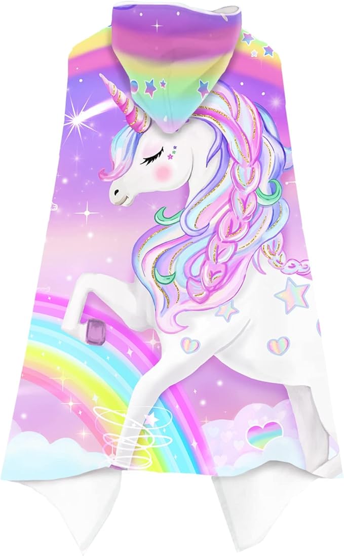 Unicorn Beach Towel, Unicorn Towel for Girls with Hood, Rainbow Unicorn Hooded Towel for Kids 30" x 50", Cute Cartoon Microfiber Absorbent Soft Bath Towel Poncho Bathrobe for Swin Pool