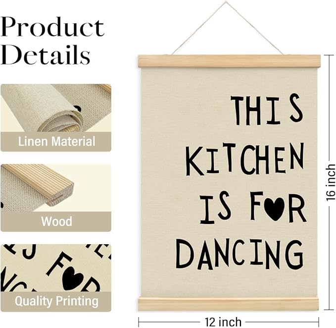 BIWSHA Cute Kitchen Canvas Poster Framed Hanger 12x16 Inch, Funny Black Kitchen Quotes Decor This Kitchen Is For Dancing Poster Framed with Wood Hanger，Kitchen Dining Room Decor