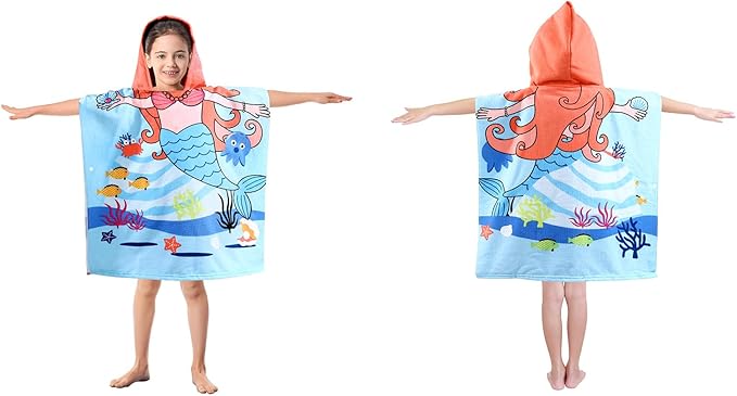 Kids Blue Mermaid Hooded Beach Towel Girls Cute Poncho Pool Towels with Hood 24*47 in Soft Microfiber Swim Cover-ups Kids Ages 3-10 Thick Absorbent Cotton Hooded Bath Towel Wrap Bathrobe