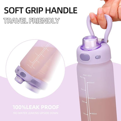 SIEROZUR 32 oz Glass Water Bottle with Straw and Handle Large Sports Motivational Water Bottle with Locking Lid and Time Marker Leakproof Water Jug for Daily Hydration Intake BPA Free