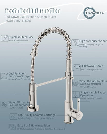 Kitchen Faucet, Kitchen Faucet with Soap Dispenser, Faucet for Camper Farmhouse RV Kitchen Sink, Single Handle Stainless Steel Kitchen Sink Faucets with Pull Down Sprayer, Nickel Brushed