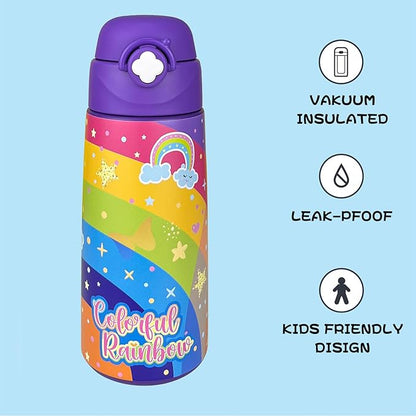 Kids Insulated Water Bottle with Covered Pop-Up Straw,16oz Kids Cups with Stainless Steel Leak Proof for School Boys Girls（Purple Rainbow）
