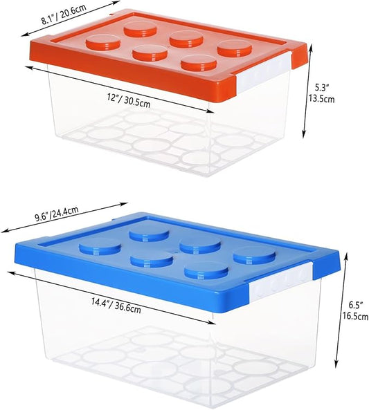 loobuu Plastic Storage Bins with Lids - Stackable Toy Storage Organizer Box Set of 2, Kids Toy Chests with Compatible Building Baseplate and Lid, Storage Container for Building Bricks - Red+Blue