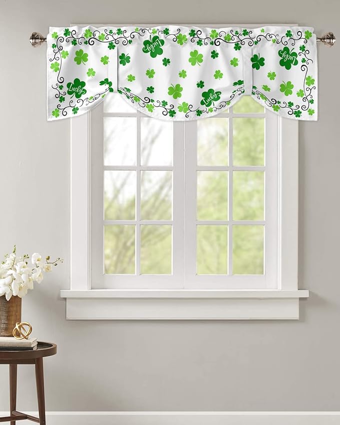 St. Patrick's Day Blackout Tie Up Valance Curtains for Kitchen Windows Green Shamrock Irish Clover Window Toppers Balloon Shades for Living Room/Bathroom/Bedroom,1 Panel, 60" X 18" Spring Holiday