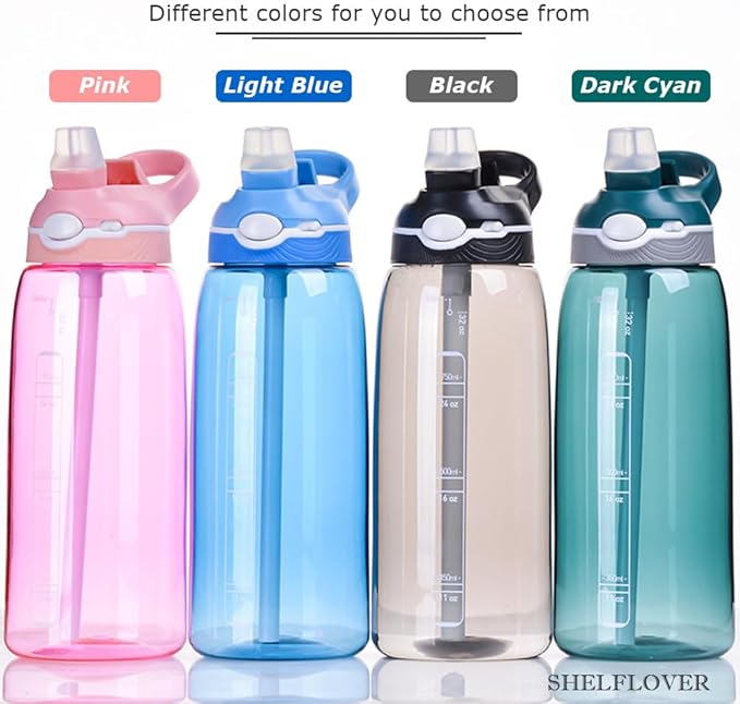 SHELFLOVER Dark Cyan Water Bottle With Narrow Straw, BPA FREE Clear Bottles With Handle One Hand Use Easy Carried, Flip Up, Suit School, Office, Gym, Office For Men, 32oz (1000ml)