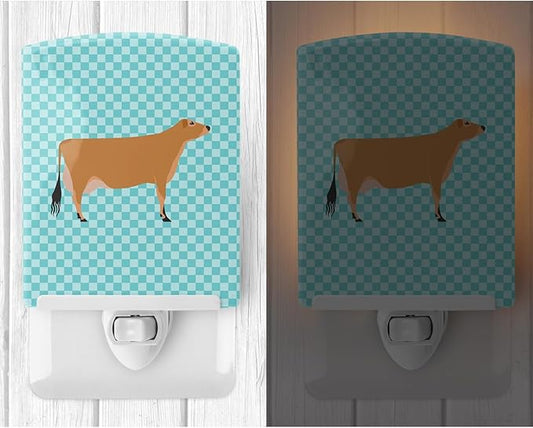 Caroline's Treasures BB8003CNL Jersey Cow Blue Check Ceramic Night Light Compact, UL-Certified, Ideal for Bedroom, Bathroom, Nursery, Hallway, Kitchen, 6x4x3, Multicolor
