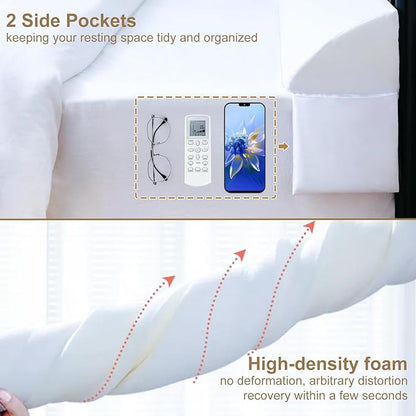 Vekkia Queen Bed Wedge Pillow for Headboard/Wedge Pillow Headboard/Bed Gap Filler/Headboard Pillow,Pillow Wedge for Headboard Gap,Stop Loosing Your Pillows,Phone&Glasses(White 60"x6.5"x4.5")