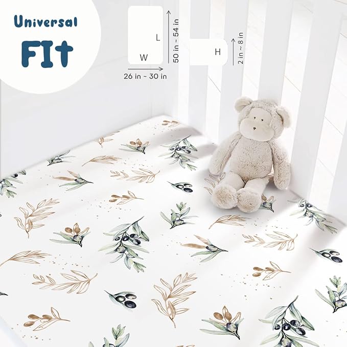 GRSSDER Stretchy Ultra Soft Jersey Knit Fitted Crib Sheets Set 2 Pack, Fits All Standard Crib Mattress Pads Safe and Snug, Stylish Botanical Olive for Baby